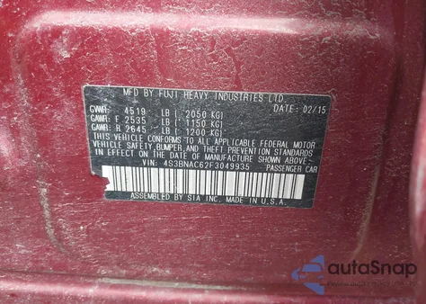 2015 Subaru Legacy 2.5I Premium z USA, uszkodzony, nr VIN 4S3BNAC62F3049935